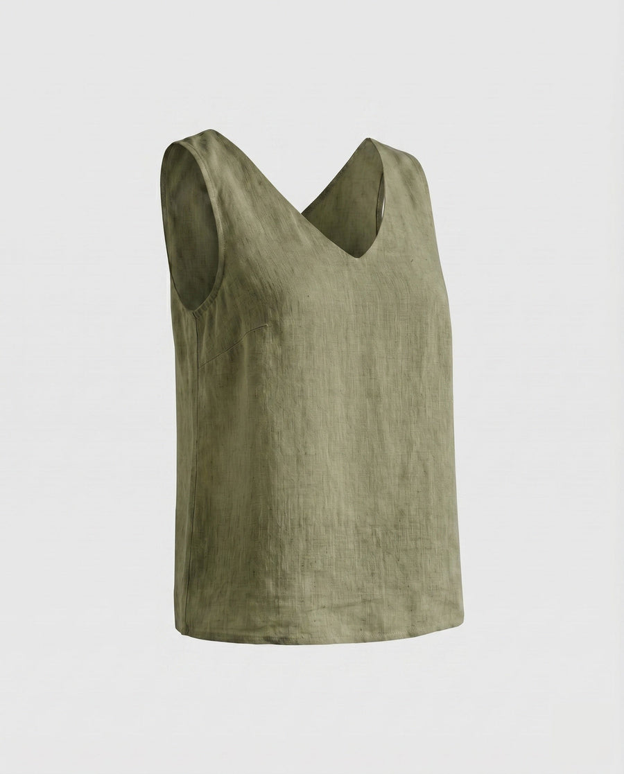 Orla Lightweight Linen Top with V-Neck in Green