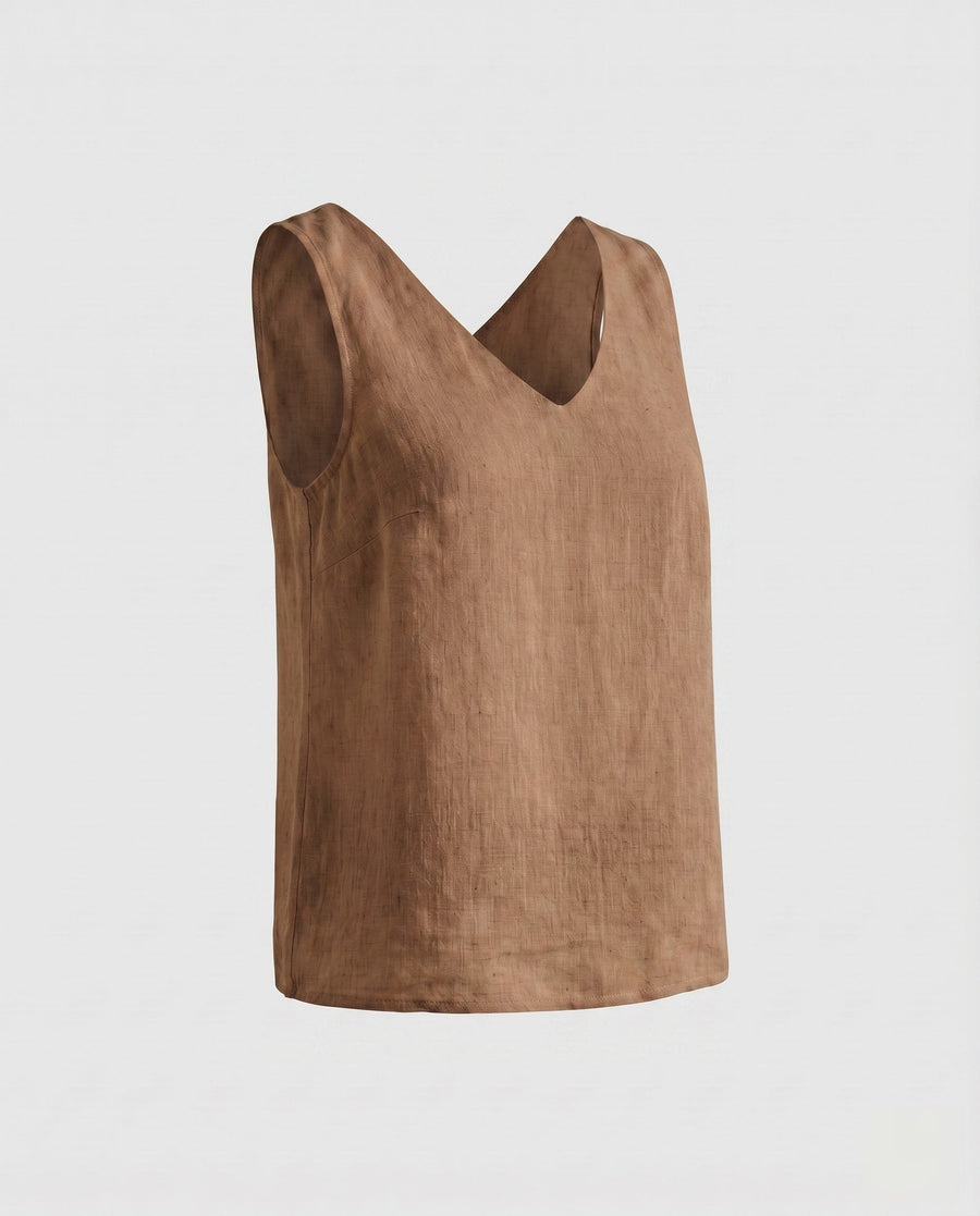 Orla Lightweight Linen Top with V-Neck in Khaki