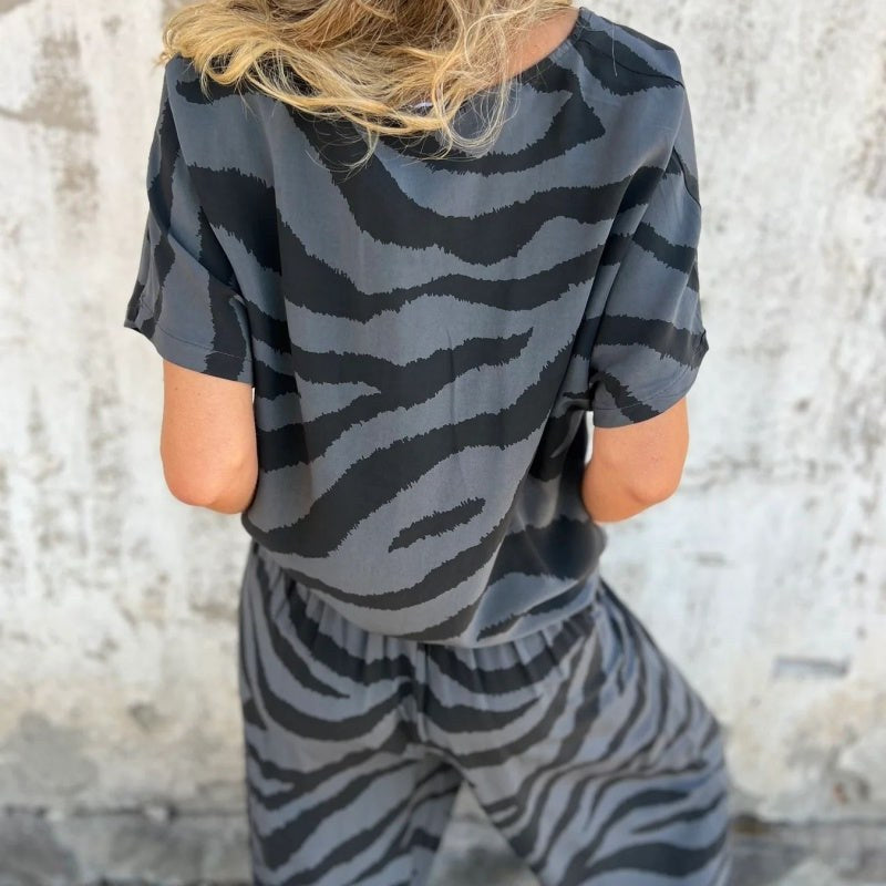 Orvelle Women's Zebra Print Two Piece Set in Grey