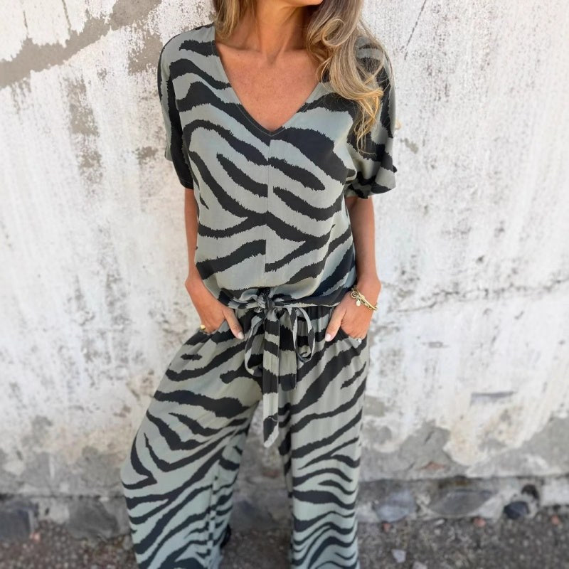 Orvelle Women's Zebra Print Two Piece Set in Sage