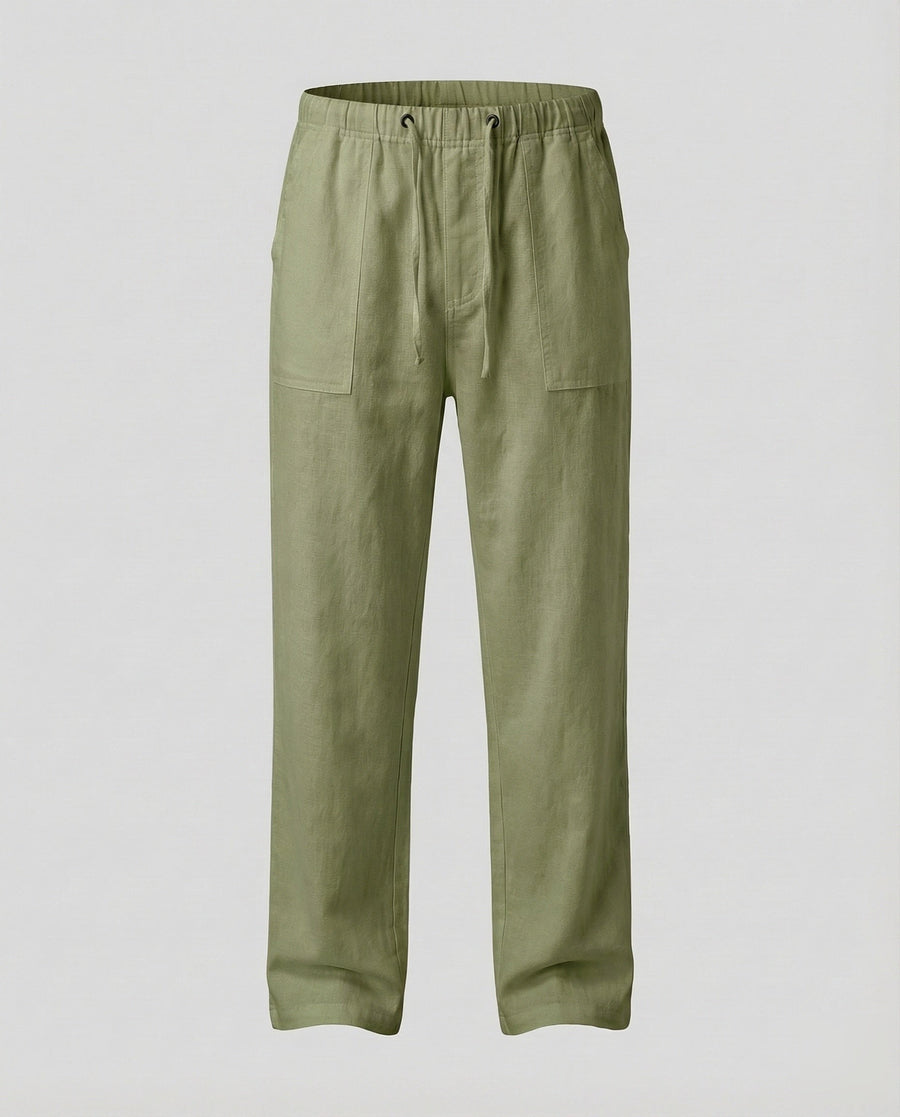 Oskar Airy Linen Trousers in Olive Green
