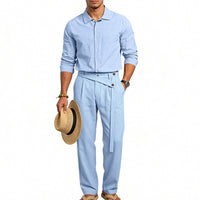 Oskar Elegant Linen Shirt with Belted in Blue