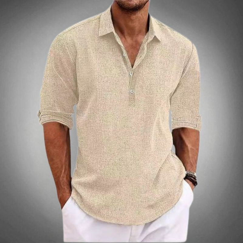 Oskar Shirt with Long Sleeve and Button Front in Beige