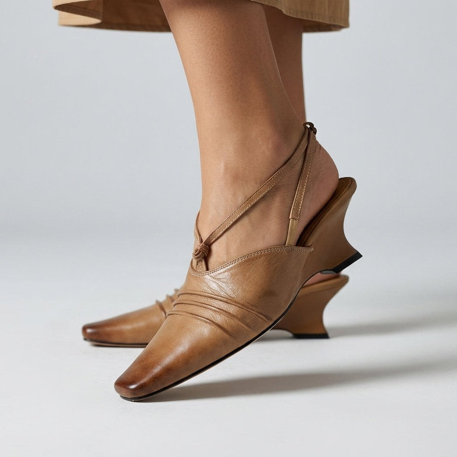 Pamela Pleated Slingback Wedge in Beige