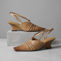 Pamela Pleated Slingback Wedge in Beige