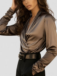 Pandora Women's Draped Neck Satin Blouse Long Sleeve in Brown