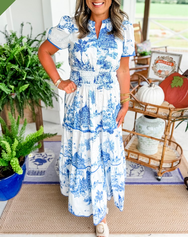 Paula Button-Front Tiered Midi Dress in Blue