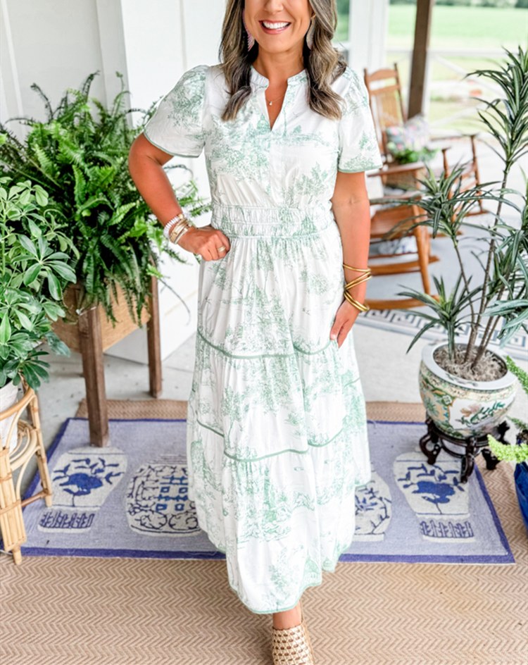 Paula Button-Front Tiered Midi Dress in Green