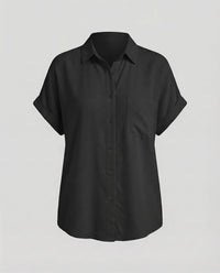 Paulina Relaxed Linen Blend Shirt with Short Sleeve in Black