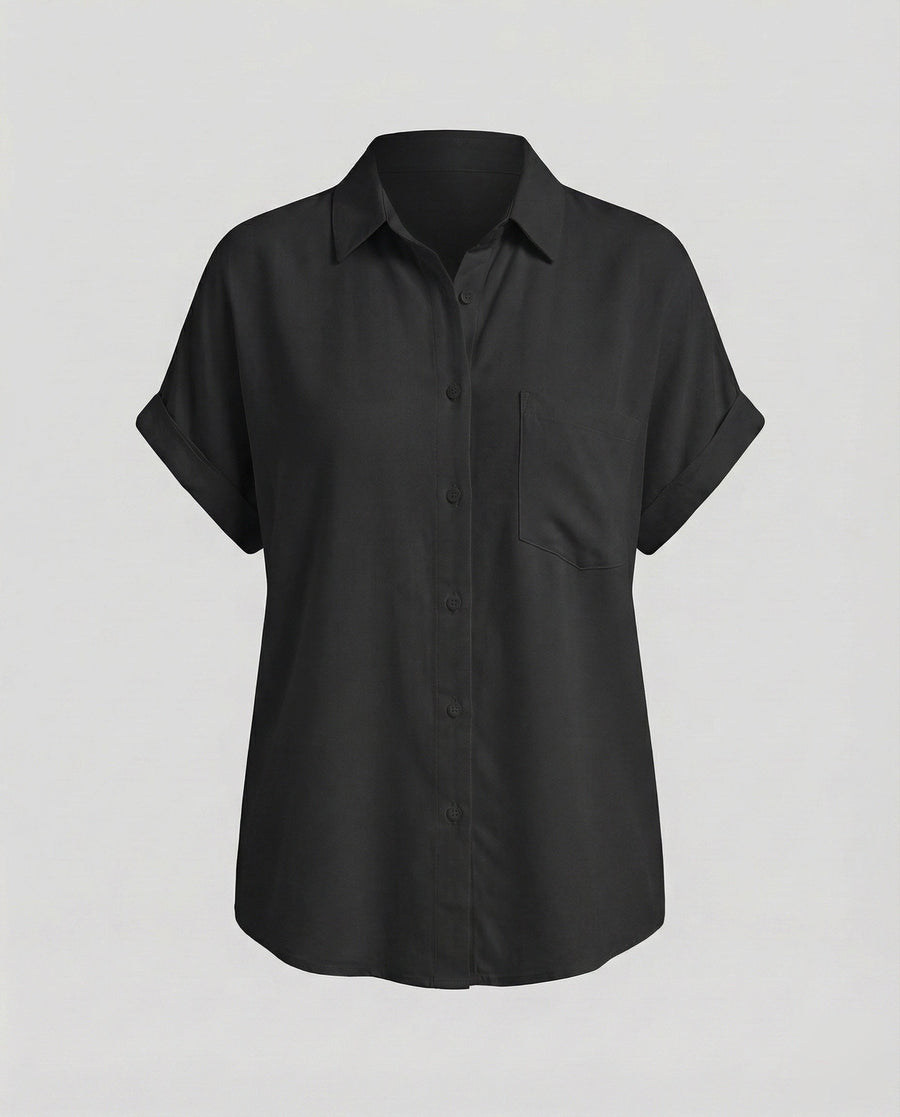 Paulina Relaxed Linen Blend Shirt with Short Sleeve in Black