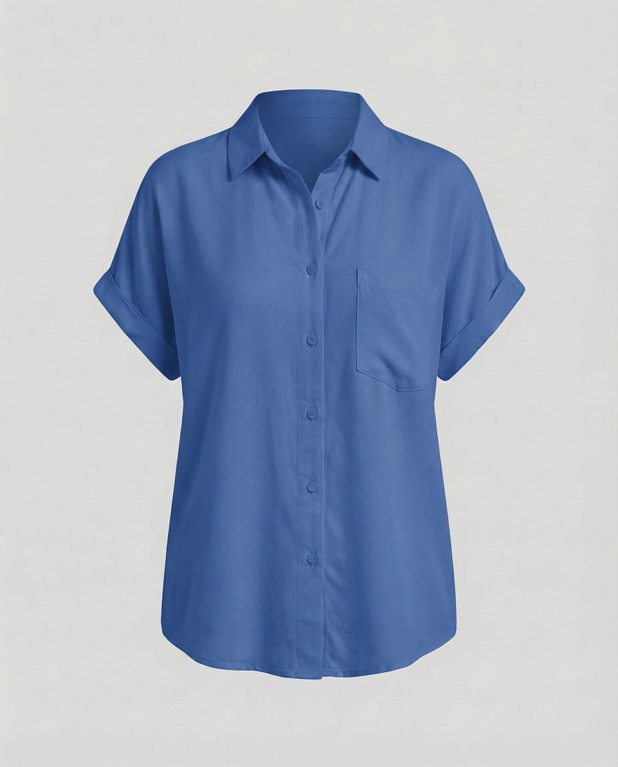 Paulina Relaxed Linen Blend Shirt with Short Sleeve in Blue