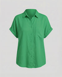 Paulina Relaxed Linen Blend Shirt with Short Sleeve in Green