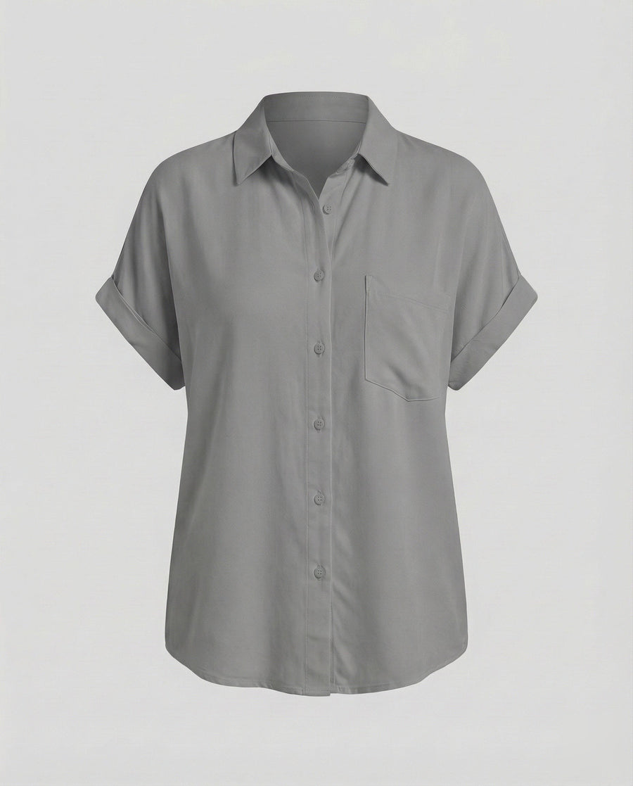 Paulina Relaxed Linen Blend Shirt with Short Sleeve in Grey