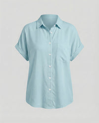 Paulina Relaxed Linen Blend Shirt with Short Sleeve in Light Blue