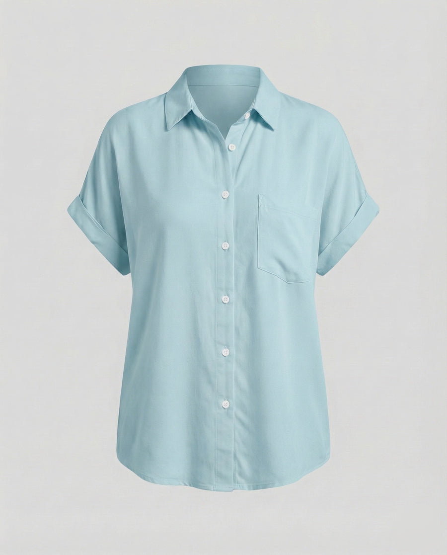 Paulina Relaxed Linen Blend Shirt with Short Sleeve in Light Blue