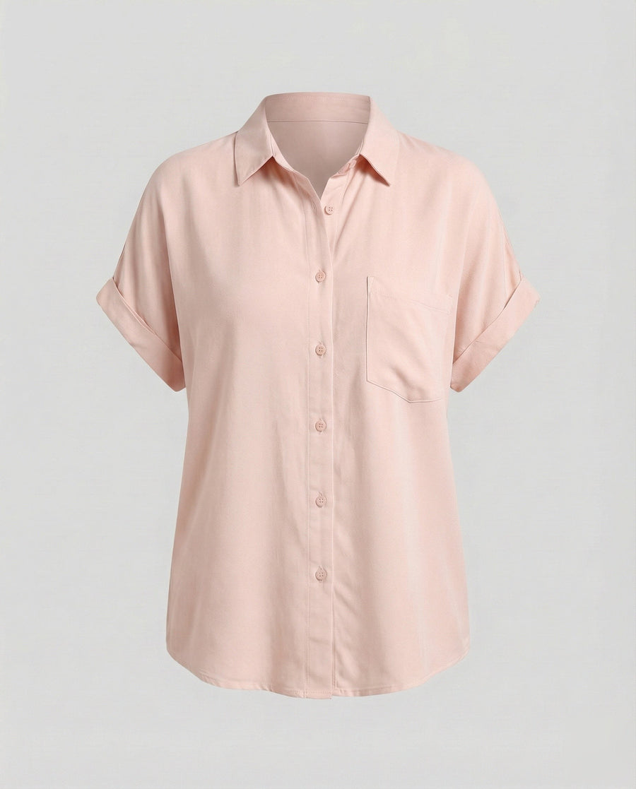 Paulina Relaxed Linen Blend Shirt with Short Sleeve in Pink