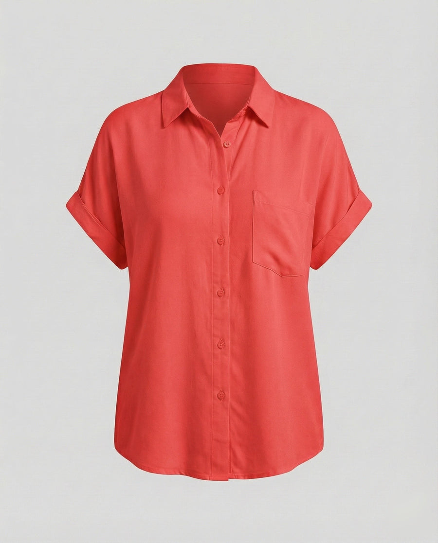 Paulina Relaxed Linen Blend Shirt with Short Sleeve in Red