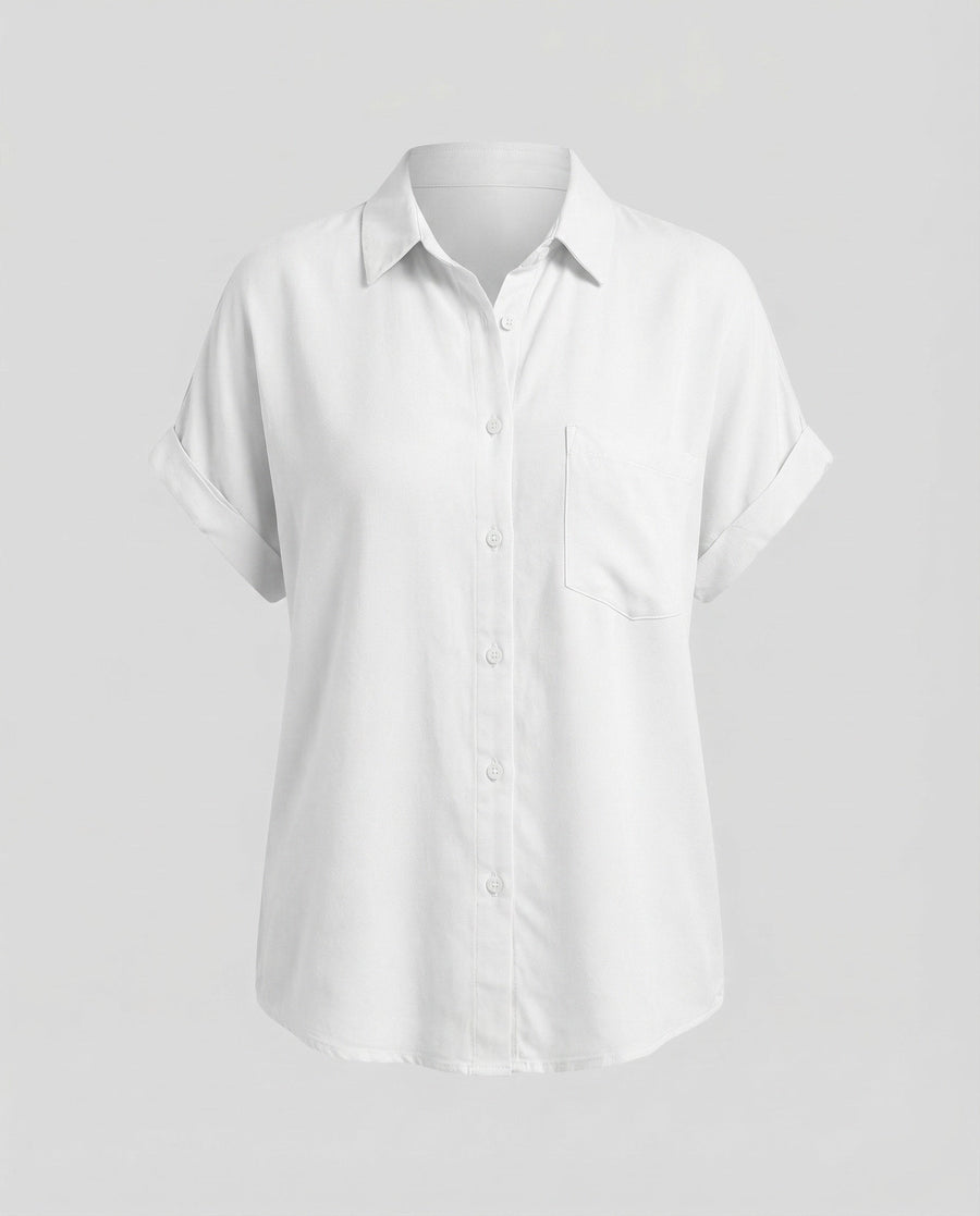 Paulina Relaxed Linen Blend Shirt with Short Sleeve in White