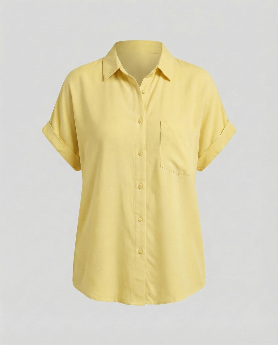 Paulina Relaxed Linen Blend Shirt with Short Sleeve in Yellow