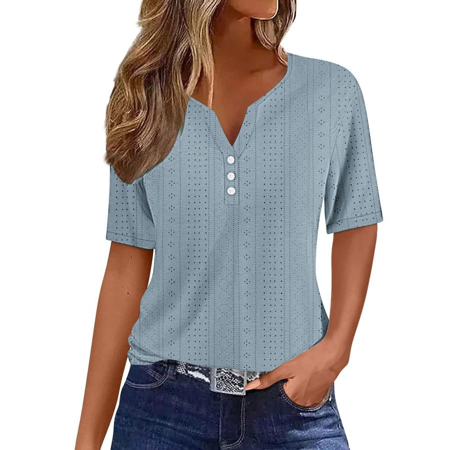 Pearl Blouse with V-Neck and Short Sleeve in Sky Blue