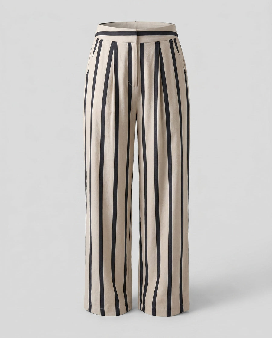 Pearl Linen Trousers with Elastic Waist in Striped