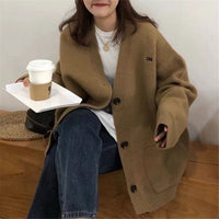 Penelope Casual Knit Cardigan with Pockets in Khaki