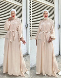 Penelope Elegant Dress with Long Sleeve and Belted in Apricot