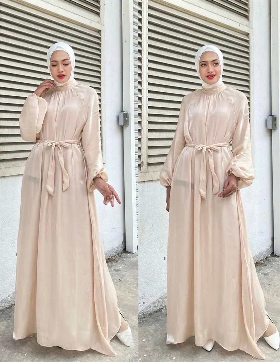 Penelope Elegant Dress with Long Sleeve and Belted in Apricot