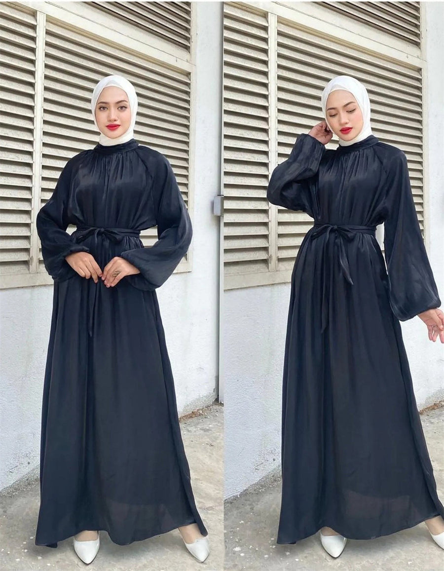 Penelope Elegant Dress with Long Sleeve and Belted in Black
