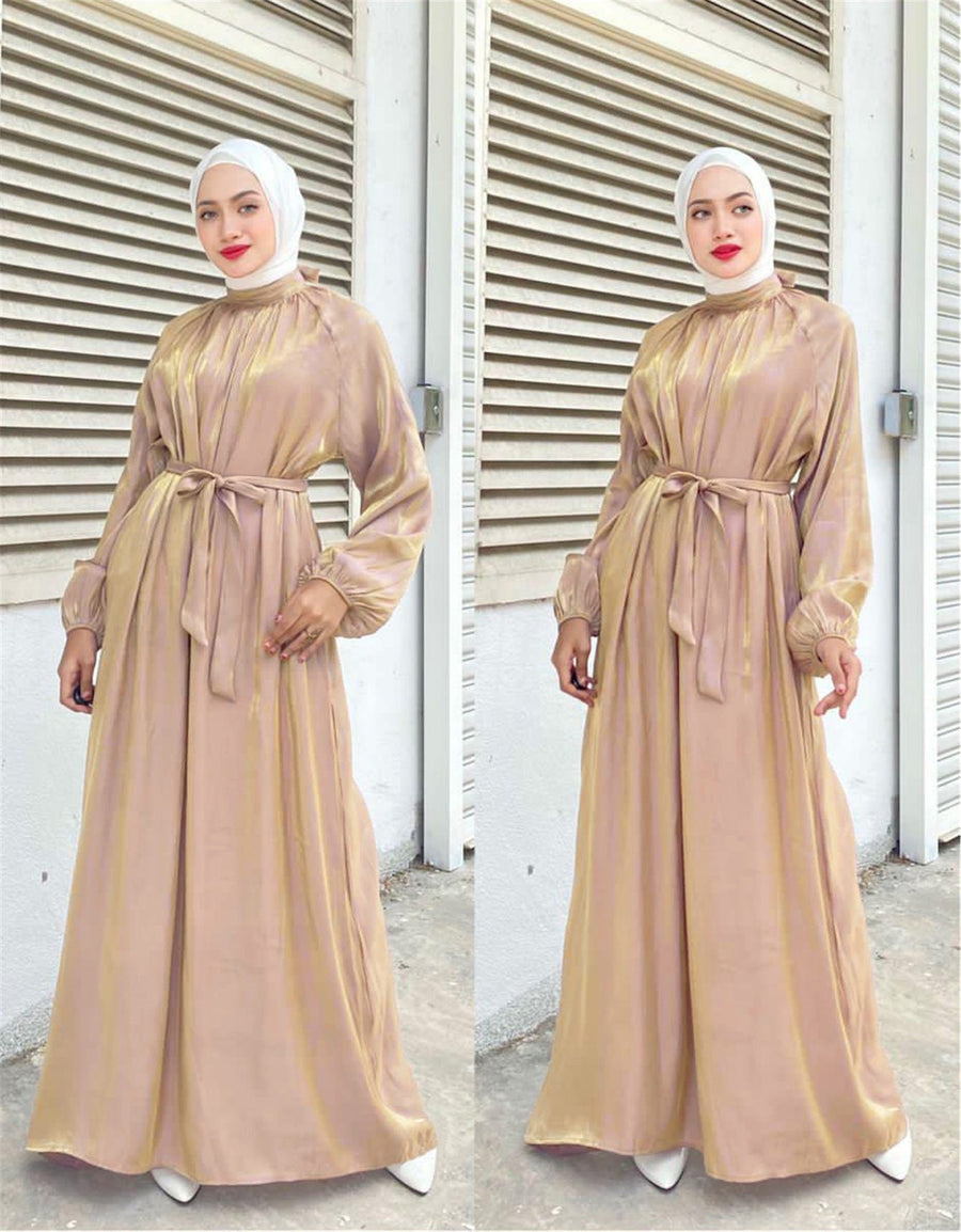 Penelope Elegant Dress with Long Sleeve and Belted in Light Beige