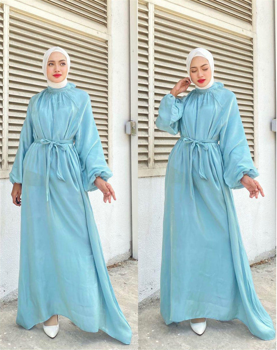 Penelope Elegant Dress with Long Sleeve and Belted in Light Blue