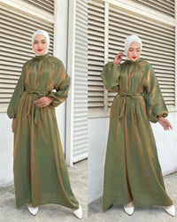 Penelope Elegant Dress with Long Sleeve and Belted in Olive Green