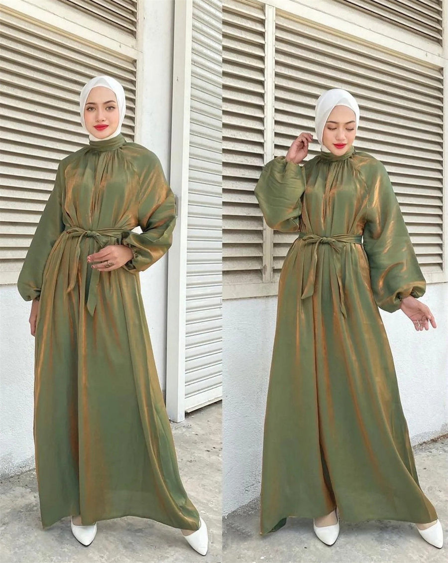 Penelope Elegant Dress with Long Sleeve and Belted in Olive Green