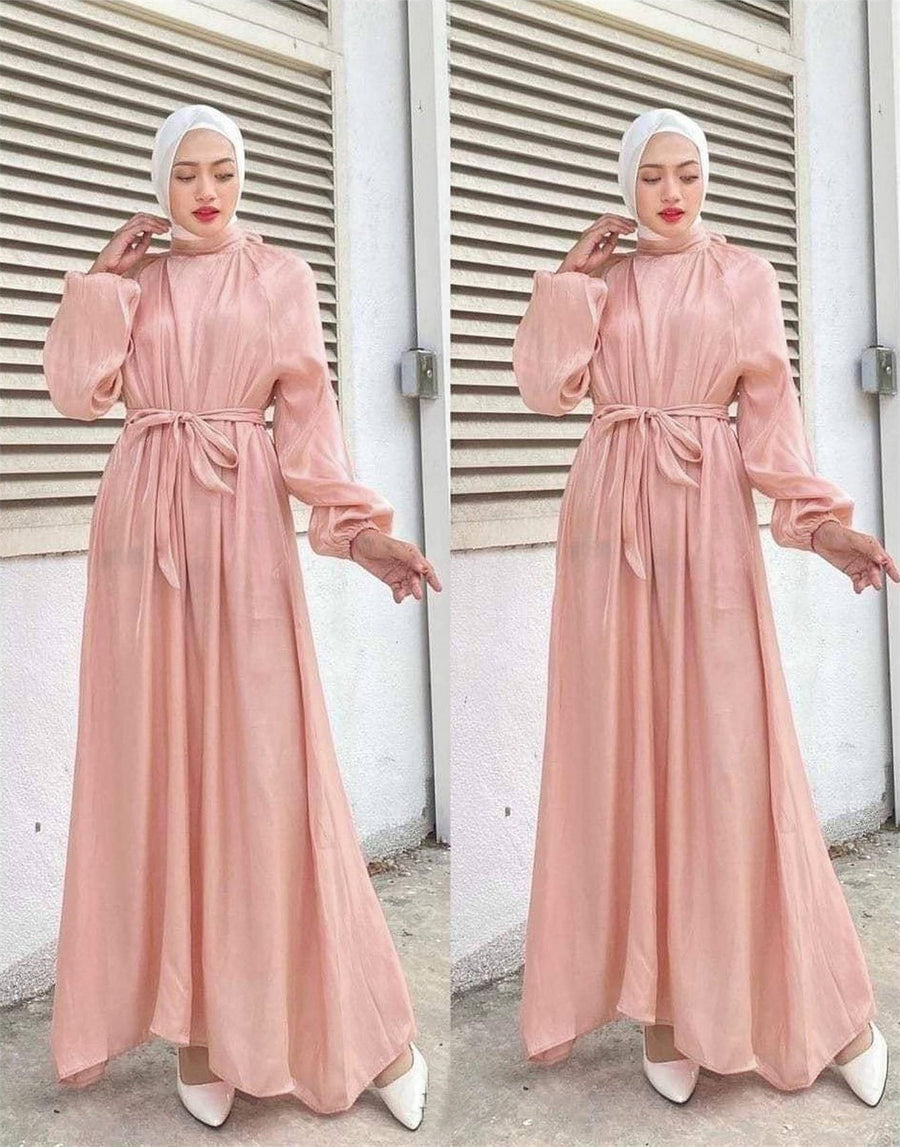 Penelope Elegant Dress with Long Sleeve and Belted in Pink