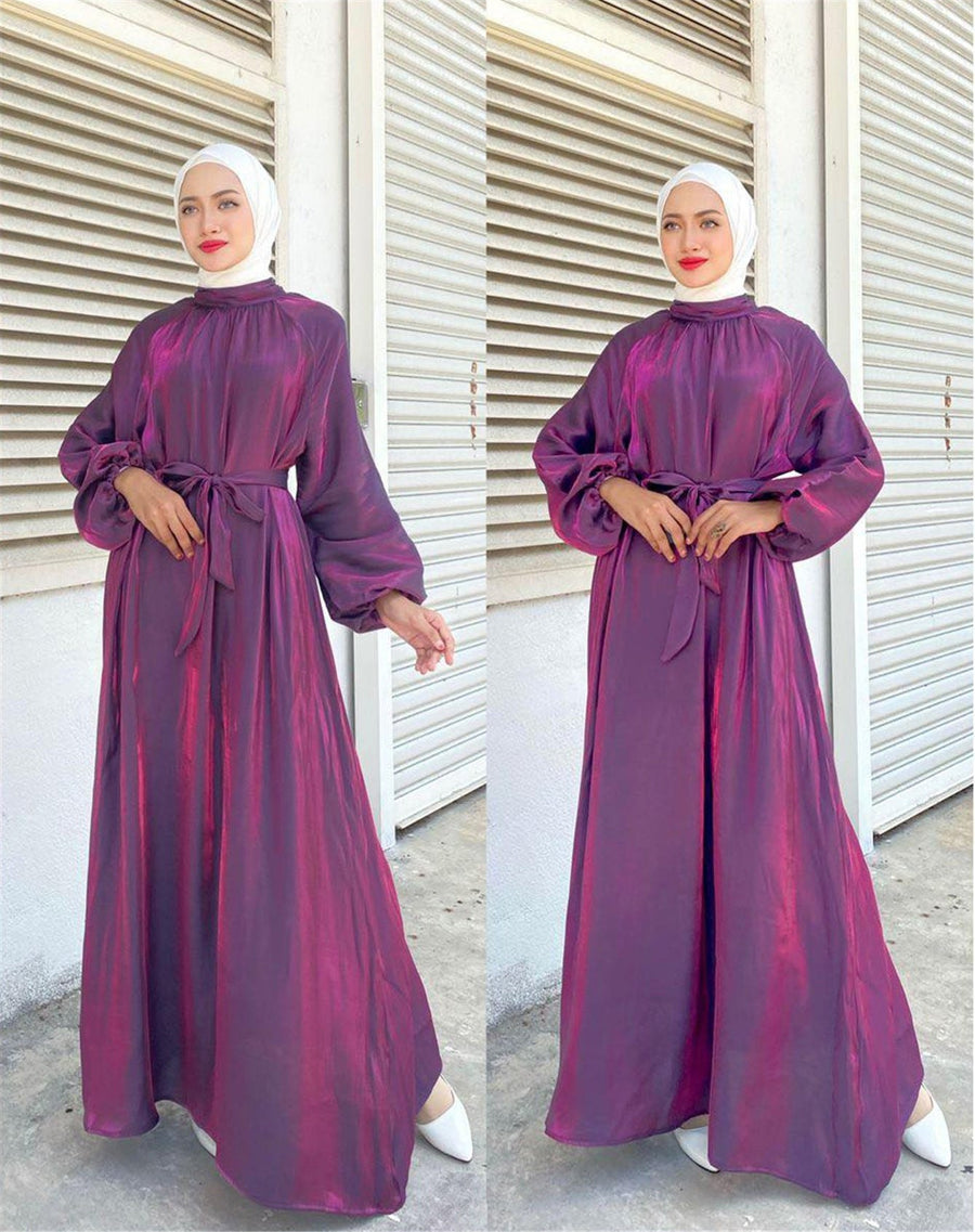 Penelope Elegant Dress with Long Sleeve and Belted in Purple