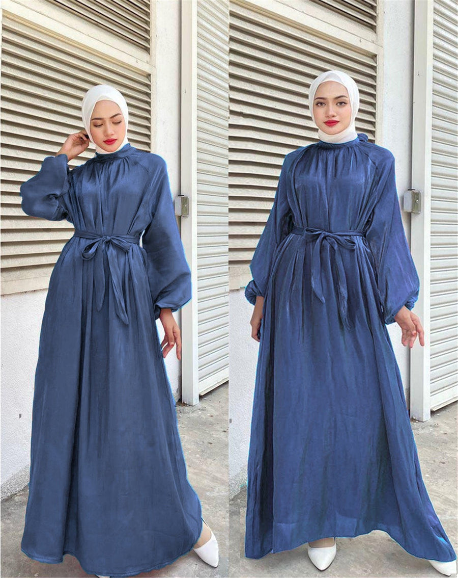Penelope Elegant Dress with Long Sleeve and Belted in Royal Blue