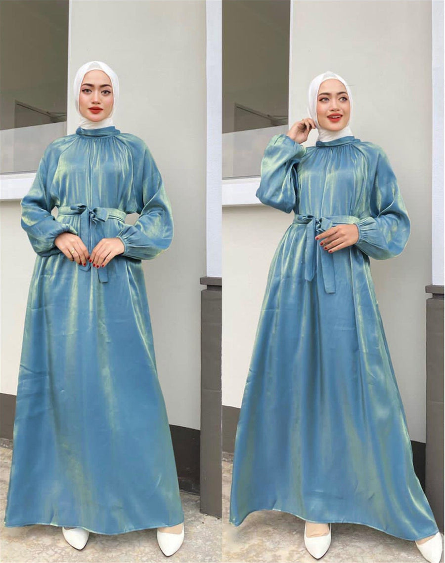 Penelope Elegant Dress with Long Sleeve and Belted in Sky Blue