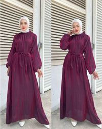 Penelope Elegant Dress with Long Sleeve and Belted in Wine Red