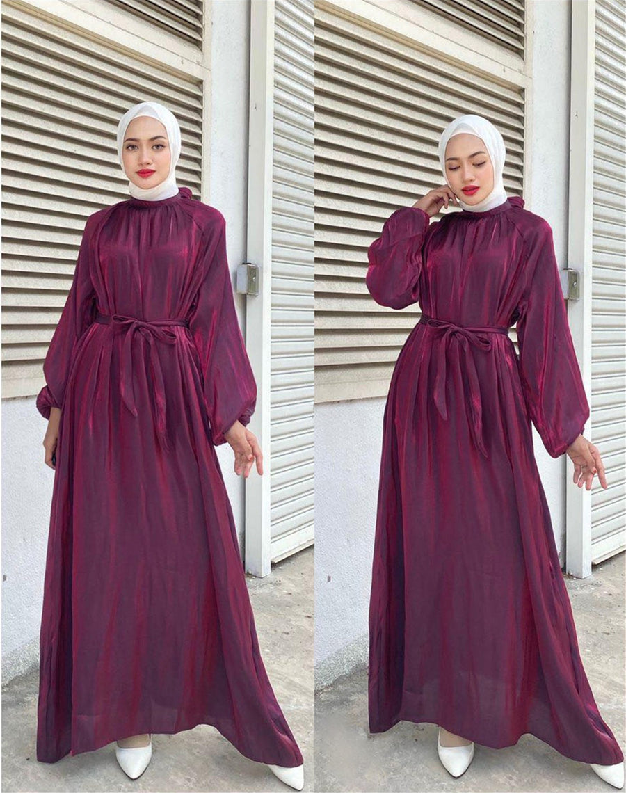 Penelope Elegant Dress with Long Sleeve and Belted in Wine Red