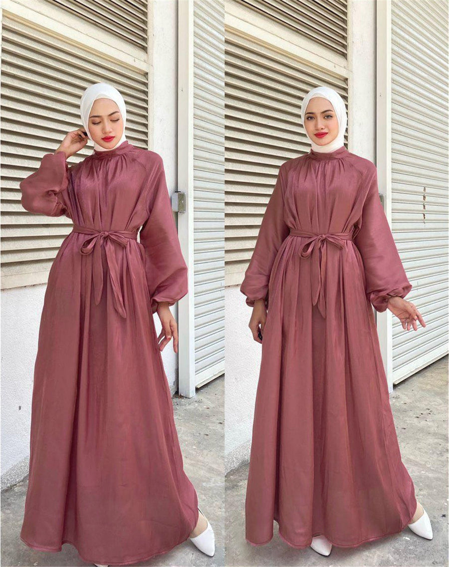 Penelope Elegant Dress with Long Sleeve and Belted in Ziegelrot