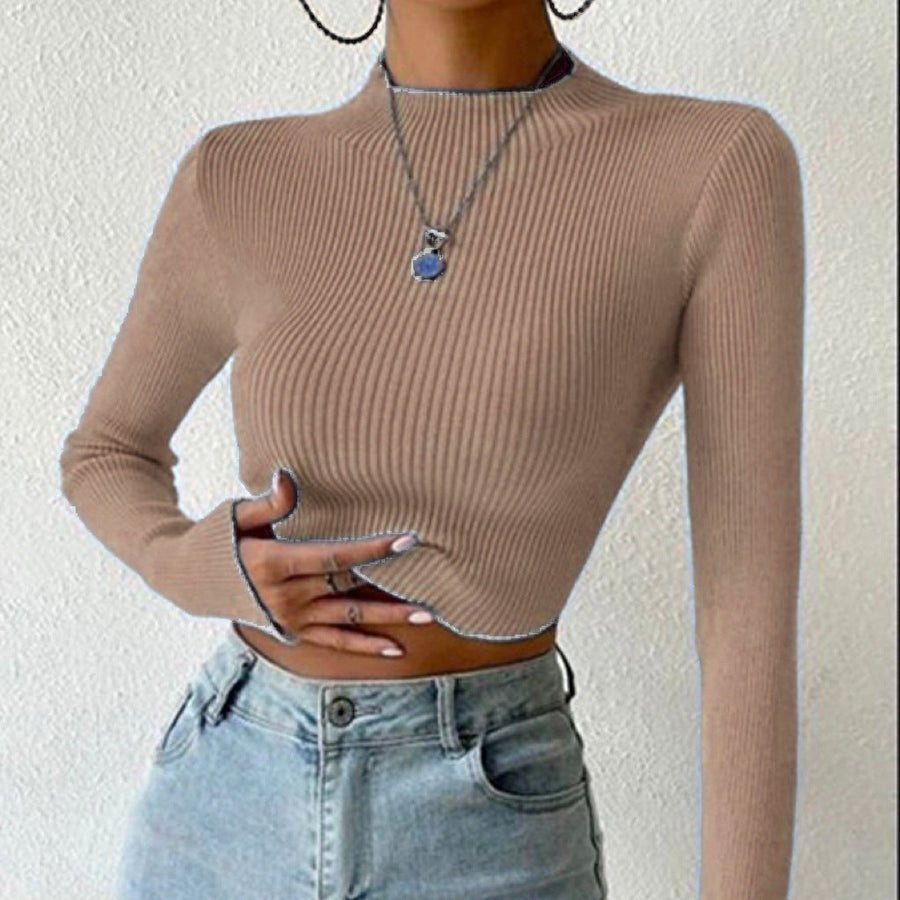 Penelope Knit Sweater with Stand Collar in Khaki