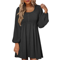 Penny Women's Smocked Square Neck Puff Sleeve A-Line Mini Dress in Black
