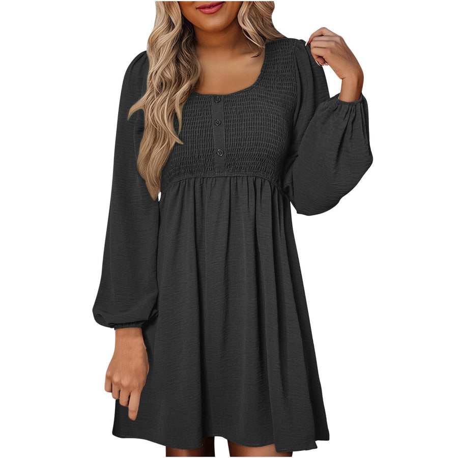 Penny Women's Smocked Square Neck Puff Sleeve A-Line Mini Dress in Black