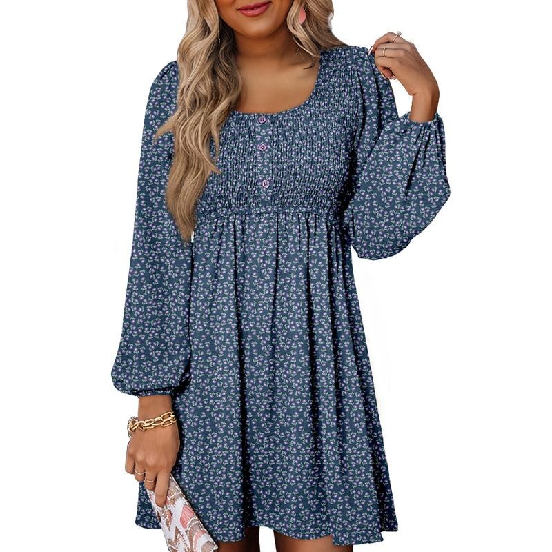 Penny Women's Smocked Square Neck Puff Sleeve A-Line Mini Dress in Blue