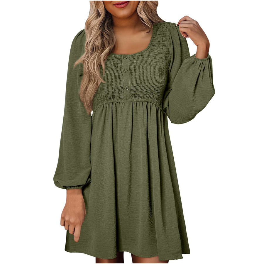 Penny Women's Smocked Square Neck Puff Sleeve A-Line Mini Dress in Green