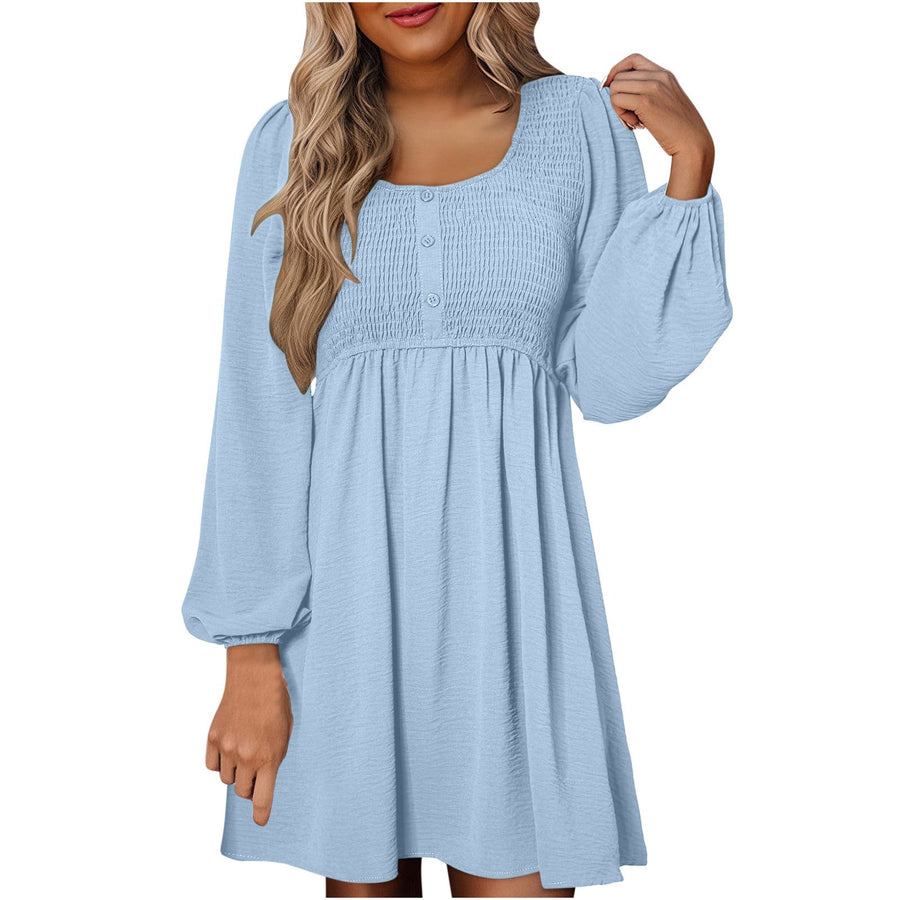 Penny Women's Smocked Square Neck Puff Sleeve A-Line Mini Dress in Light Blue