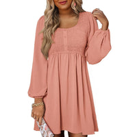 Penny Women's Smocked Square Neck Puff Sleeve A-Line Mini Dress in Peach