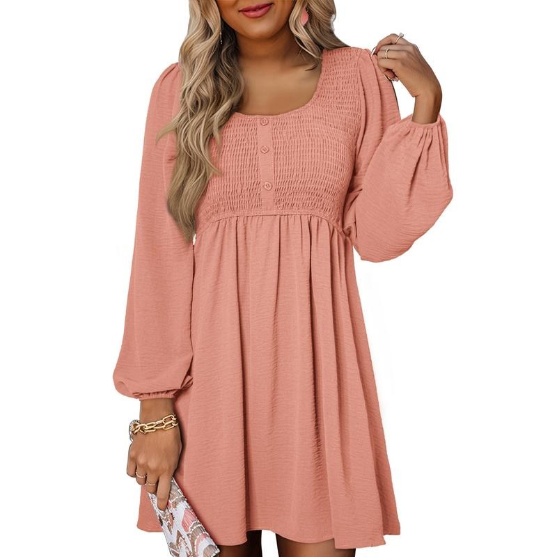 Penny Women's Smocked Square Neck Puff Sleeve A-Line Mini Dress in Peach