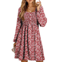 Penny Women's Smocked Square Neck Puff Sleeve A-Line Mini Dress in Red