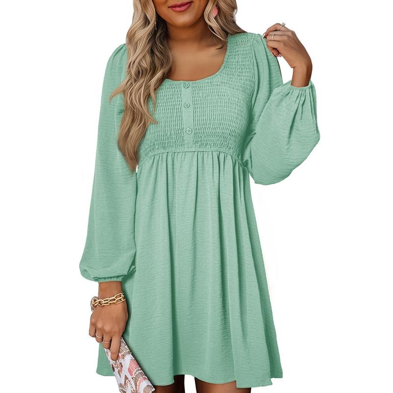 Penny Women's Smocked Square Neck Puff Sleeve A-Line Mini Dress in Turquoise